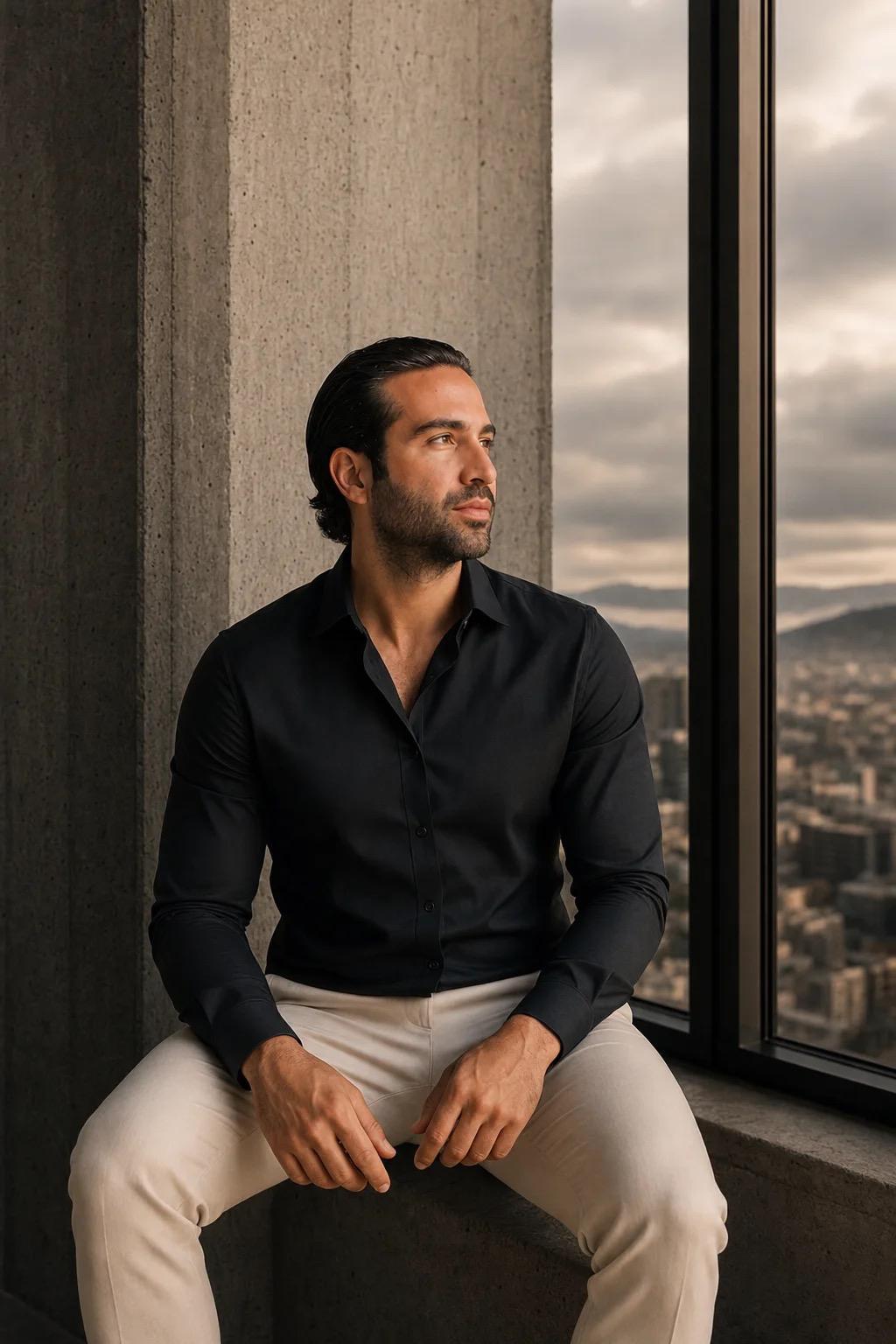 Shervin Natan, Founder and Longevity Coach at Javan Health, seated by a window overlooking the city