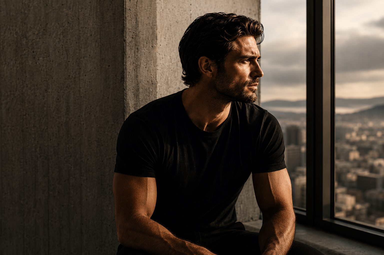 A composed man at a window overlooking the city at dusk — Javan Health